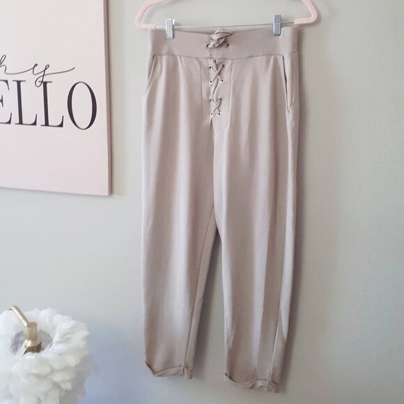 EUC Zara taupe beige self tie jogger track pants, L - Picture 5 of 5